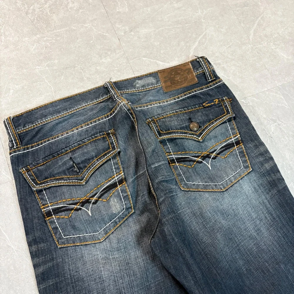 Seven7 Mens Bootcut Jeans Dark Wash Contrast Stitch 36x34 Blue Denim 2822